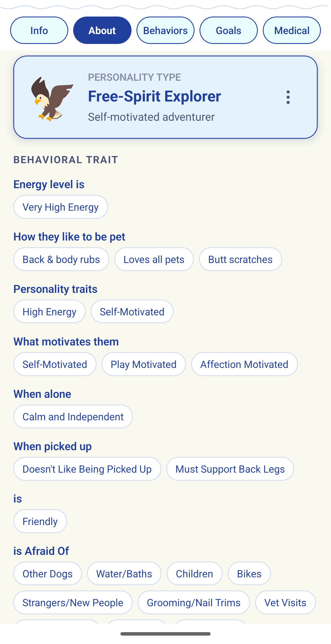 Pet attributes showing behavioral traits, food preferences, and physical characteristics
